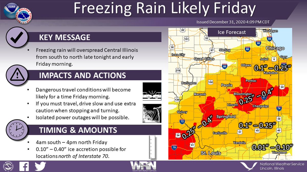 NWSLincolnIL's tweet photo. An Ice Storm Warning will go into effect late tonight for portions of central Illinois. Here are some key notes on the forecast! #ILwx https://t.co/RvTIpo0C7r