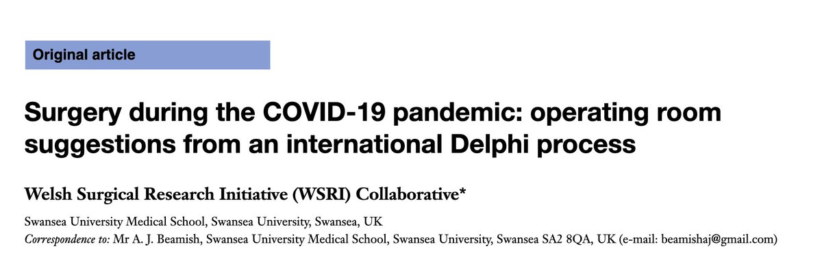A complementary study in  @BJSurgery was a global Delphi study exploring consensus around processes in the operating theatre to ensure safe surgery during the COVID-19 pandemic. https://bjssjournals.onlinelibrary.wiley.com/doi/epdf/10.1002/bjs.11747