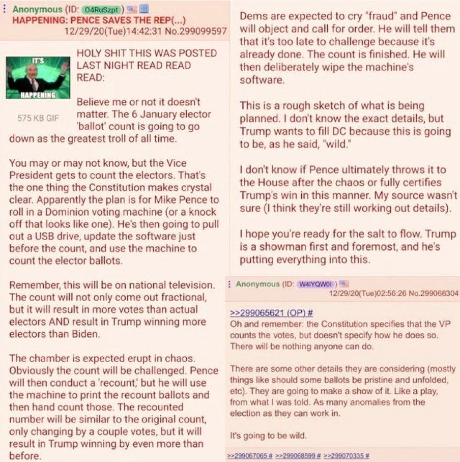 So following up on this Christmas Eve post with an update of this gem posted on 4chan. Presently Anons are expectant and positive that Pence will save the day on January 6 and the election result will be overturned by some constitutional witchcraft  https://twitter.com/_MAArgentino/status/1342290342788427776