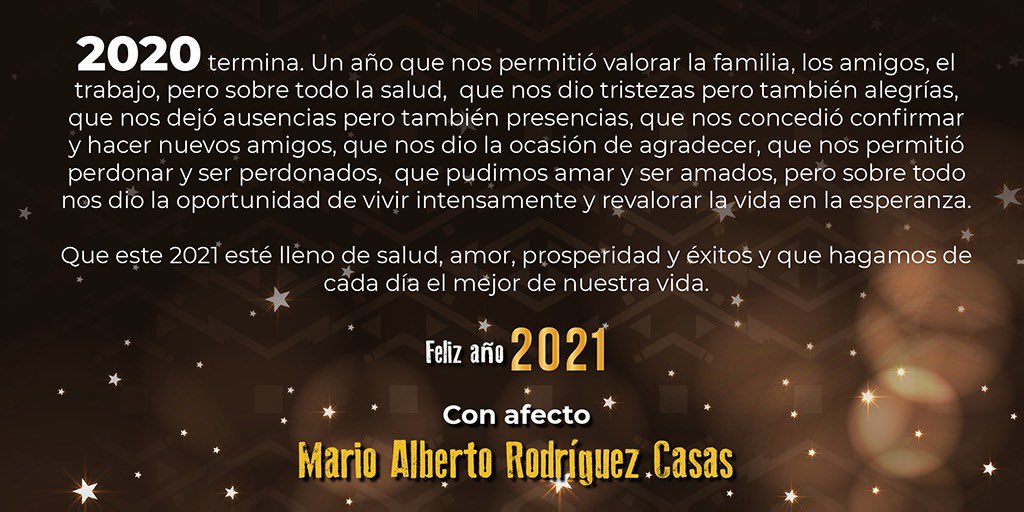 Que este 2021 llegue a sus vidas con mucha salud, bienestar y esperanza. #FelizAñoNuevo #PorUnMejor2021