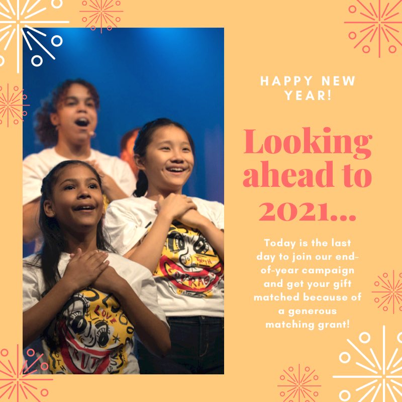 RTKIDS's tweet image. Happy New Year!
Looking ahead to 2021...

Today is the last day to join our end of year campaign and get your gift matched because of a generous matching grant!.

Link: rosiestheaterkids.org/make-a-donatio…

#rtkids
#nyc
#newyorkcity
#theater
#theaterkids
#nonprofit
#donation
#happynewyear