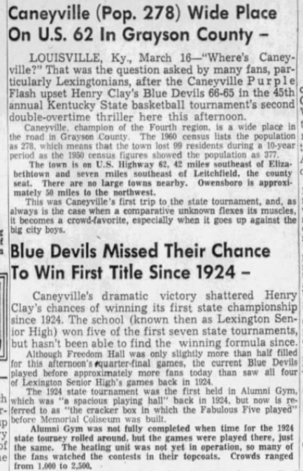 KYHSHistory's tweet photo. Are you kidding me? Caneyville (Who? First trip to state) got to the Final Four in '62 with a double-OT afternoon 66-65 thriller over might Henry Clay at Freedom Hall.F
Felled a day later in the semis by mighty Ashland, 73-49.
Salute Purple Flash! https://t.co/drbPaAqA9e