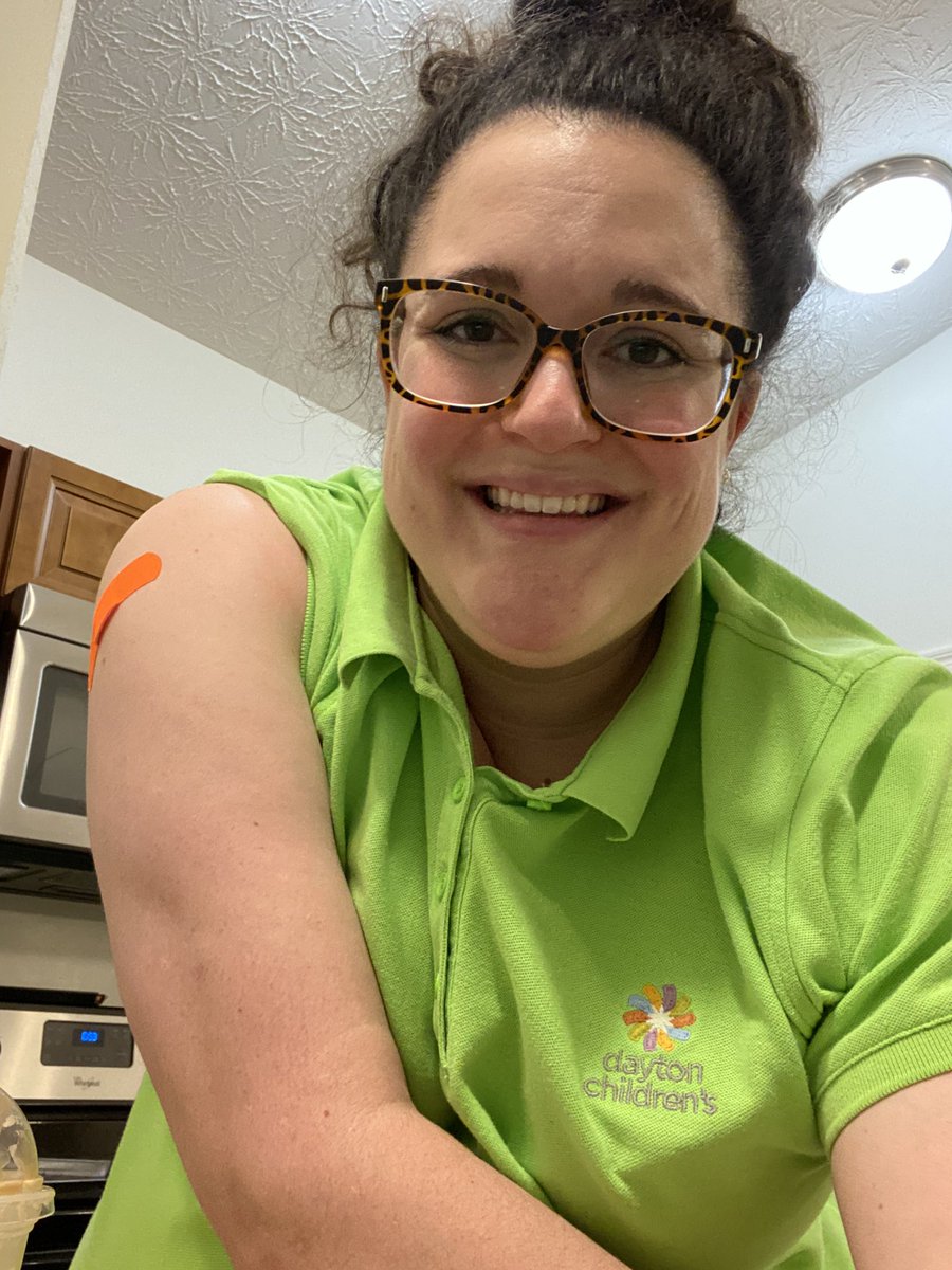 First COVID vaccine today. Please excuse the angle. Getting the DCH logo and band aid arm in one shot was difficult. #InThisTogetherOhio #aboveandbeyond4kids #daytonchildrens