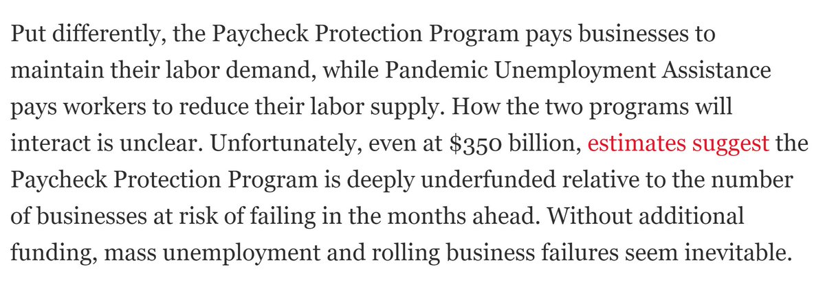 Once CARES passed and ppl understood what was in it, it became clear the $600 FPUC was going to be a major fault line.So I wrote up some thoughts for NR, focused on the unknowns about how PPP and UI would interact. We now know the answer was poorly. https://www.nationalreview.com/2020/04/will-pandemic-jobless-benefits-make-recovery-harder/?itm_campaign=headline-testing-will-pandemic-jobless-benefits-make-recovery-harder&