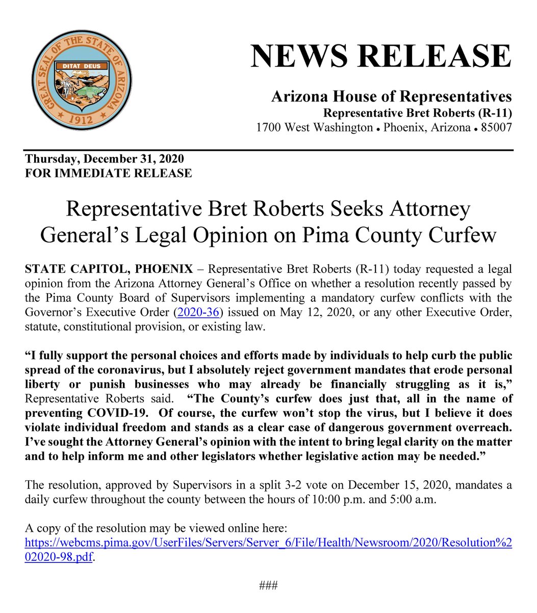 Representative <a href="/BretRbrts/">Bret Roberts</a> seeks AG’s legal opinion on curfew mandated by Pima County Board of Supervisors. #AZLeg azleg.gov/press/house/55…