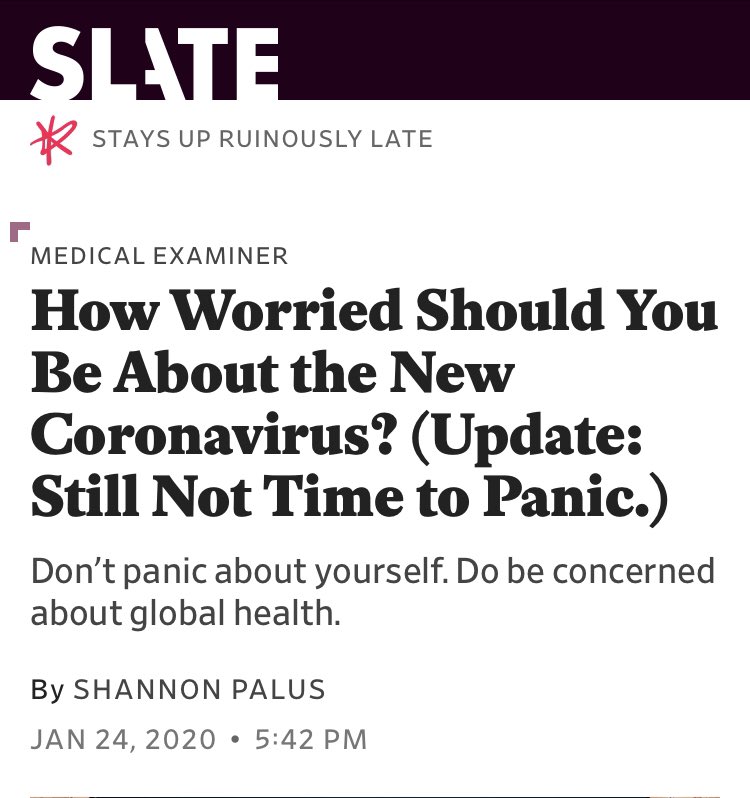 #9: Early COVID coverage I tried to cut some slack on early coronavirus predictions. But it’s worth reflecting on the way we talked about the virus back when it first started & how many people were so confidently wrong, like  @Slate,  @USATODAY,  @thehill &  @businessinsider.