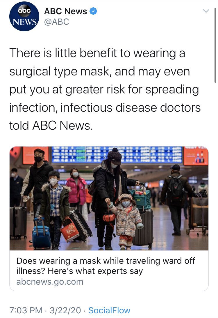 #8: MasksThe worst specific coverage around the early outbreak was on masks. Especially because the pro-mask crowd can be so militant these days, it’s worth remembering what the conversation looked like back then. Some of the worst were  @CNN,  @MSNBC,  @ABC &  @washingtonpost.