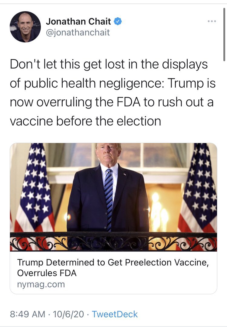 #7: A rushed vaccinePrior to the election, we were told that Trump would rush out a potential COVID vaccine. That didn’t happen, and now the media won’t even give credit to the Trump Admin for the vaccine. Here’s:  @VanityFair,  @BuzzFeedNews,  @jonathanchait &  @ForeignPolicy.