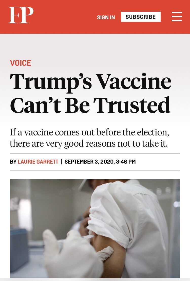 #7: A rushed vaccinePrior to the election, we were told that Trump would rush out a potential COVID vaccine. That didn’t happen, and now the media won’t even give credit to the Trump Admin for the vaccine. Here’s:  @VanityFair,  @BuzzFeedNews,  @jonathanchait &  @ForeignPolicy.