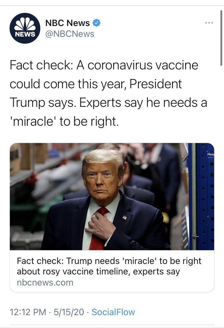 #5: No vaccine in 2020There have been millions of coronavirus vaccines distributed as the year ends. We were promised this simply wasn’t possible before the election. Here’s a smattering of examples from  @Yamiche,  @NPR (fact checks, man),  @abcnews and  @NBCNews.
