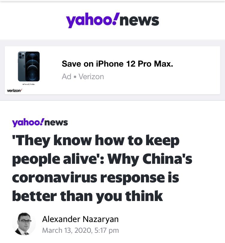 #4: Defending ChinaWhile there may be some deserved slack for the early coverage of coronavirus in general, there’s no excuse for parroting Chinese Communist Party propaganda. But that’s exactly what  @NewYorker,  @qz,  @CNN and  @YahooNews (wtf with this headline??) did.