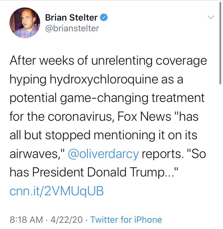 And, finally, at #1: Hydroxychloroquine This remains the weirdest, and surely most shameful, Orange Man Bad news cycle, where the media wrote off a promising treatment for a global pandemic simply because Trump liked it. Featuring  @CNN,  @brianstelter,  @MSNBC and  @Yamiche.