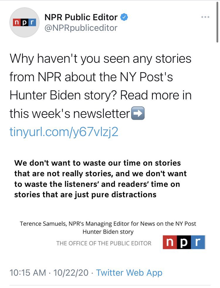 #3 Hunter’s laptopWhile much of the Russia story was prior to 2020, we got one notable entry: the idea, absent evidence, that Joe Biden’s son Hunter’s laptop was Russian disinformation & not to be reported on. The news blew up weeks later. @NPR,  @MSNBC,  @CNN &  @JoyAnnReid.