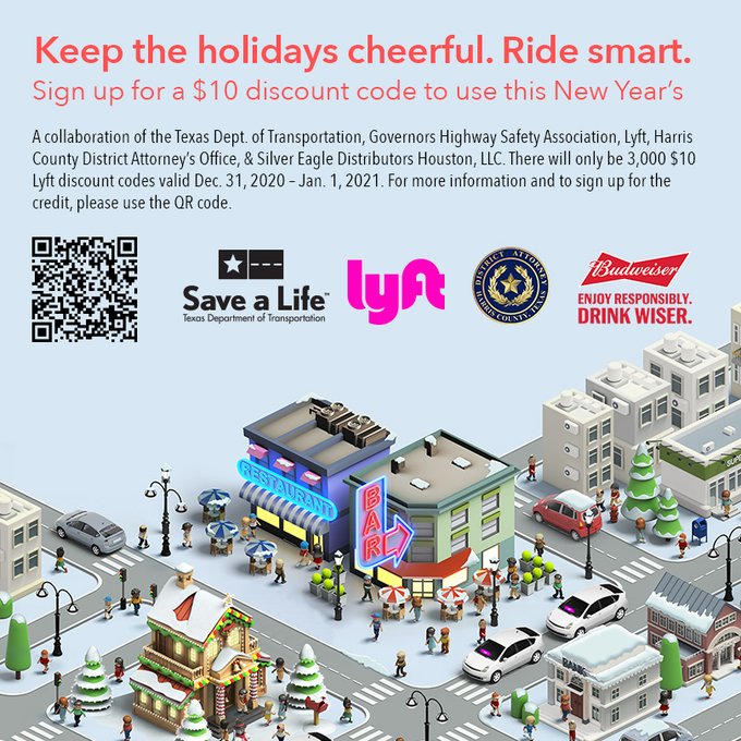 A DWI can stick with you! Request your $10 <a href="/lyft/">Lyft</a> code for NYE travel made possible by  <a href="/TxDOTHouston/">TxDOT- HOU District</a>, the Governors Highway Safety Association, @silvereagledistributors, and the Harris County District Attorney’s #EndTheStreakTX