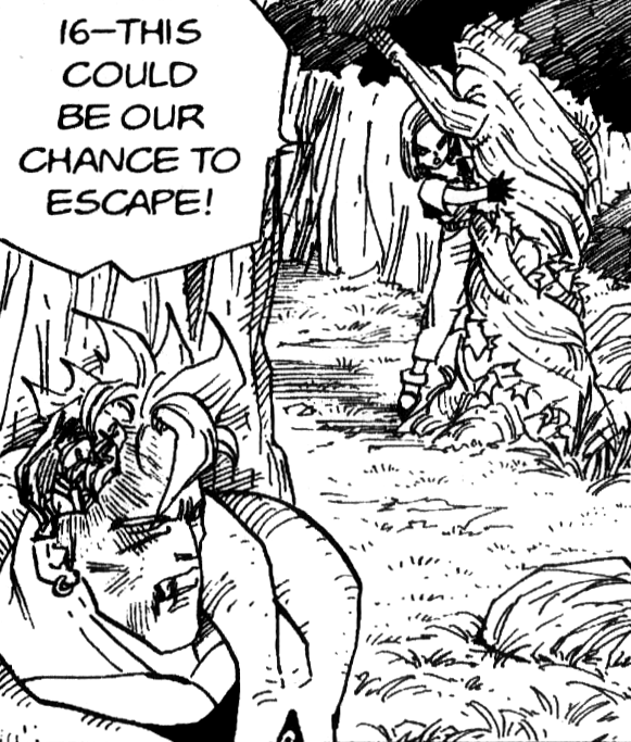 ドラゴンボール英単語 英熟語 英語表現 Escape Iskeip 自 逃げる 避ける 他 から逃げる を避ける 名 脱出 逃げること 避けること 避難 でも16号 いまが逃げ出すチャンスかもしれないよ 英語 ドラゴンボール 18号 16号 T