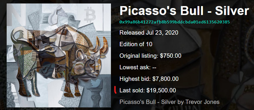 4/  @trevorjonesart Picasso's Bull sells for $55k on  @niftygateway.A record sale at the time for a single Art NFT. Many in the broader NFT space started to pay attention from here.The drop totalled ~ $75k with a Silver /10 recently going for $19.5k! on 8th Dec, (from $750)
