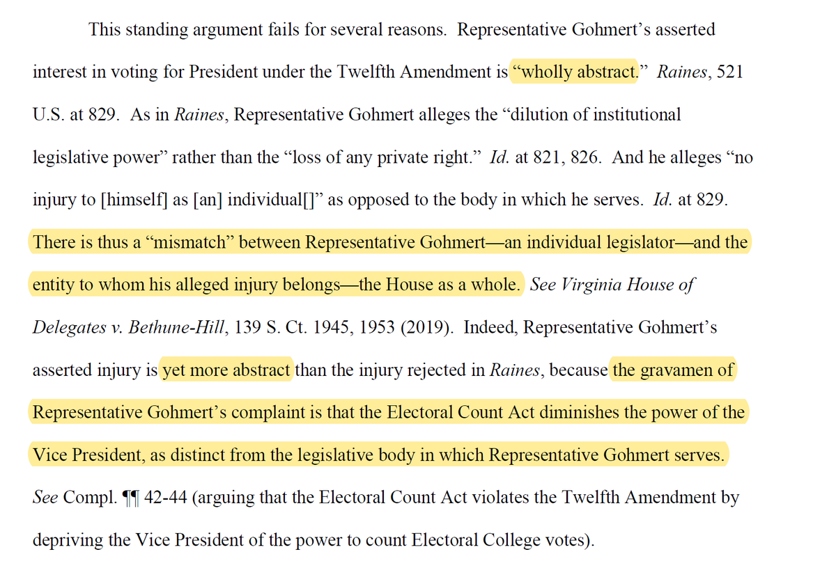 For the nonlawyers, a rough translation:"Gohmert seems to be claiming that the ECA wrongfully benefits Gohmert while harming Pence so he's suing Pence to try and fix it, and yeah we're pretty sure that's the argument.