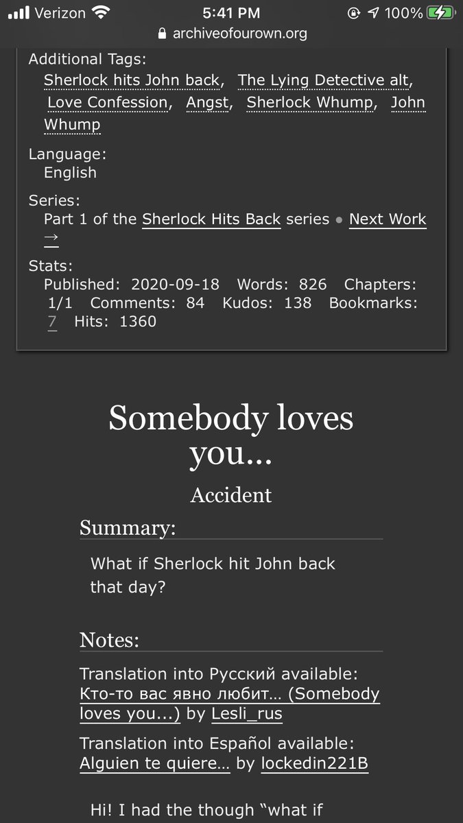 Somebody loves you... by me A take on what if Sherlock hit John back  https://archiveofourown.org/works/26519074&nbsp;And the sequel Inconsolable Rage  https://archiveofourown.org/works/26636386&nbsp;5/10