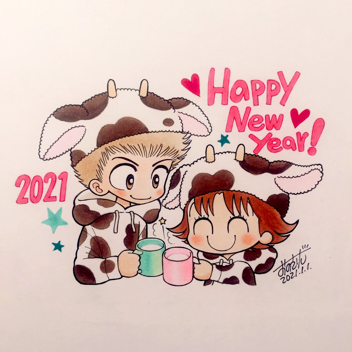1boy 1girl hood cow print smile 2021 cup  illustration images