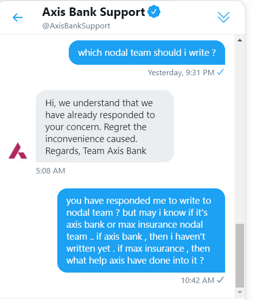 rohitgupta2476's tweet photo. @AxisBankSupport @AxisBankSupport  , your response is not clear and looks like you are not committed to help as well. Can you make communication crystal clear which leads to resolution. attachign snapshot . if you are referring to @MaxLifeIns  nodal team , then they are not helping. https://t.co/C36K9hAGsv