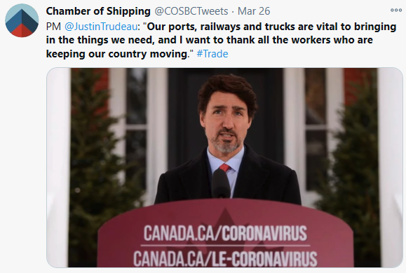 COSBCTweets's tweet photo. Canada's PM @JustinTrudeau got this right in March and we are thankful for the efforts of transportation workers in #2020. #COVID19 https://t.co/H6CHmKpJGr