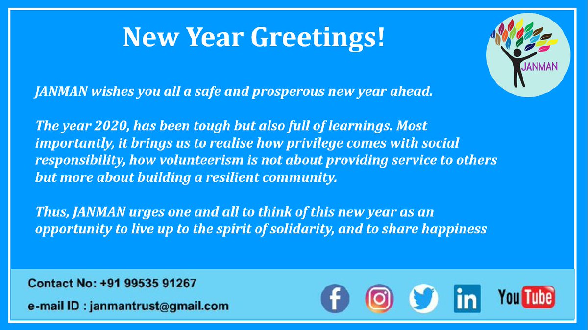 janman_org's tweet image. Wishing you all a very Happy and prosperous New Year. May the spirit of social responsibility and compassion prevail. 

#HappyNewYear2021 #JANMAN #Hello2021 #HNY2021