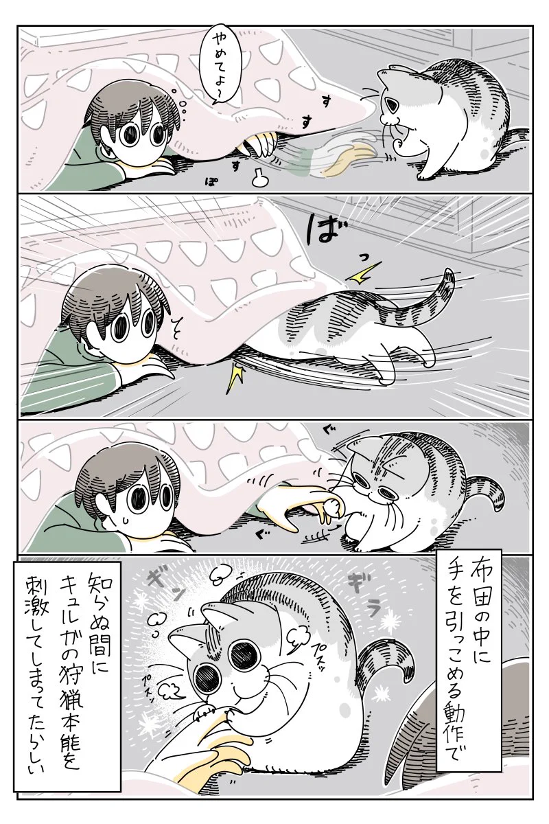 何気ない仕草に刺激される狩猟本能！コタツの中へ引っ込めた手を追い掛けるネコの癒し漫画！