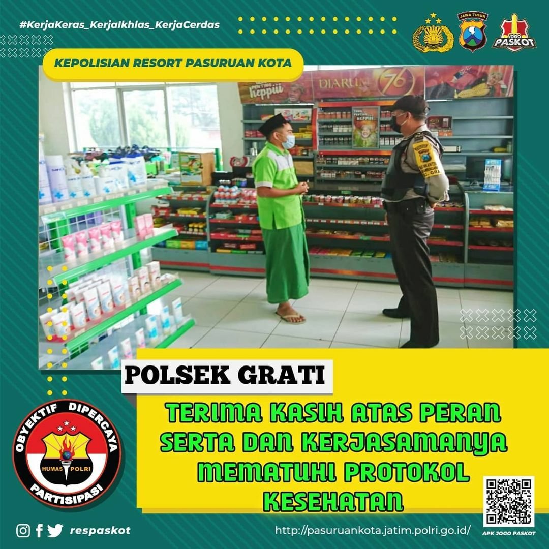 respaskot11's tweet photo. Anggota Polsek Grati Melakukan patroli Dan pengawasan Fasilitas pendukung protokol kesehatan pada fasilitas umum seperti toko, pasar dan perkantoran di wilayah Kecamatan Grati.

#protokolkesehatan #lawancovid19
#kamihumaspolri #paskot #JogoPasuruanKota 
#netizengrati
#ranugrati https://t.co/FqN5IbIoEo