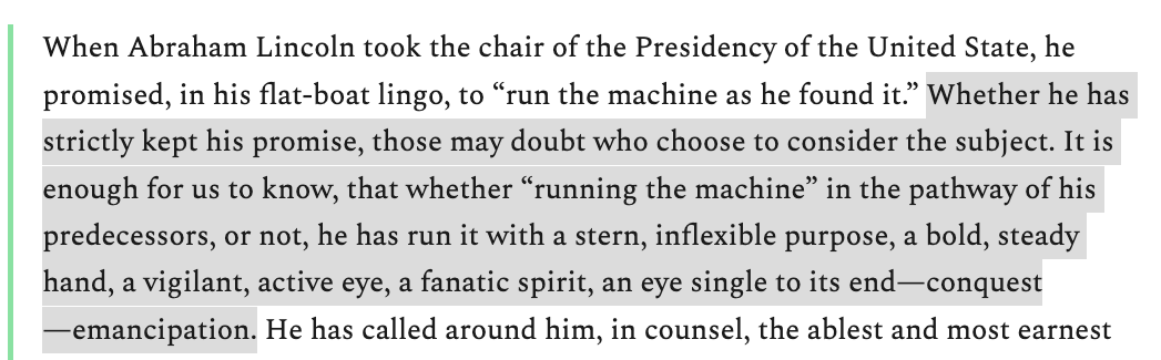 When the Civil War was almost over and the Confederacy was clearly losing, SC's Charleston Mercury, a very pro-secession paper, published an editorial assessing Lincoln's abilities as a leader. It's interesting for a few reasons.