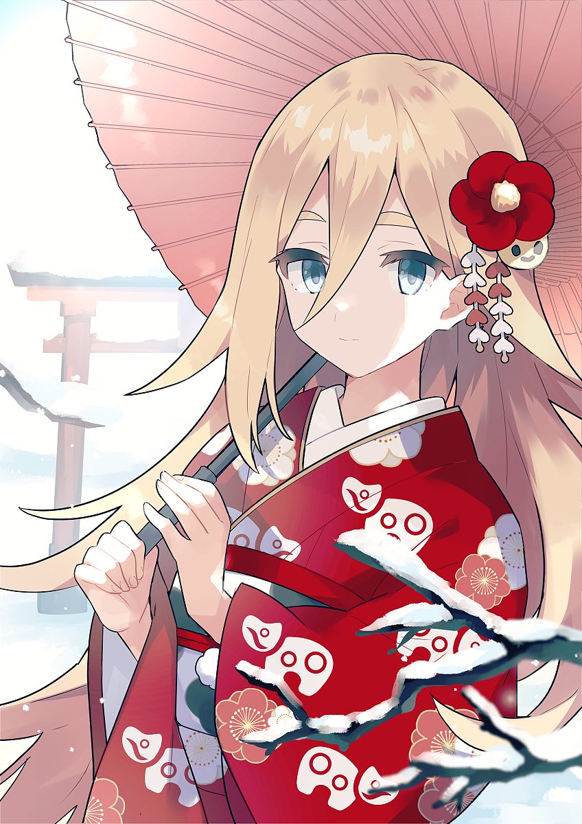 1girl umbrella japanese clothes kimono solo long hair blonde hair  illustration images