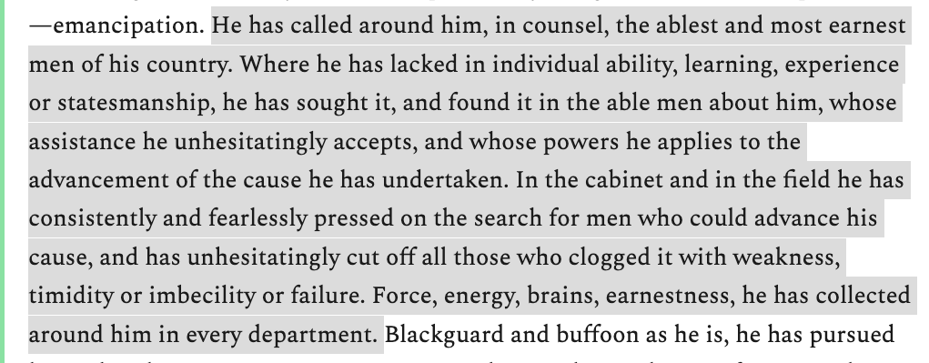 And another is the contemporary framing of the "personnel" discussion. "Ablest and most earnest men of his country." There's no reference to any sort of credential, specialty, or "staff," but it can hardly be described as unappreciative of knowledge, ability, and effectiveness.
