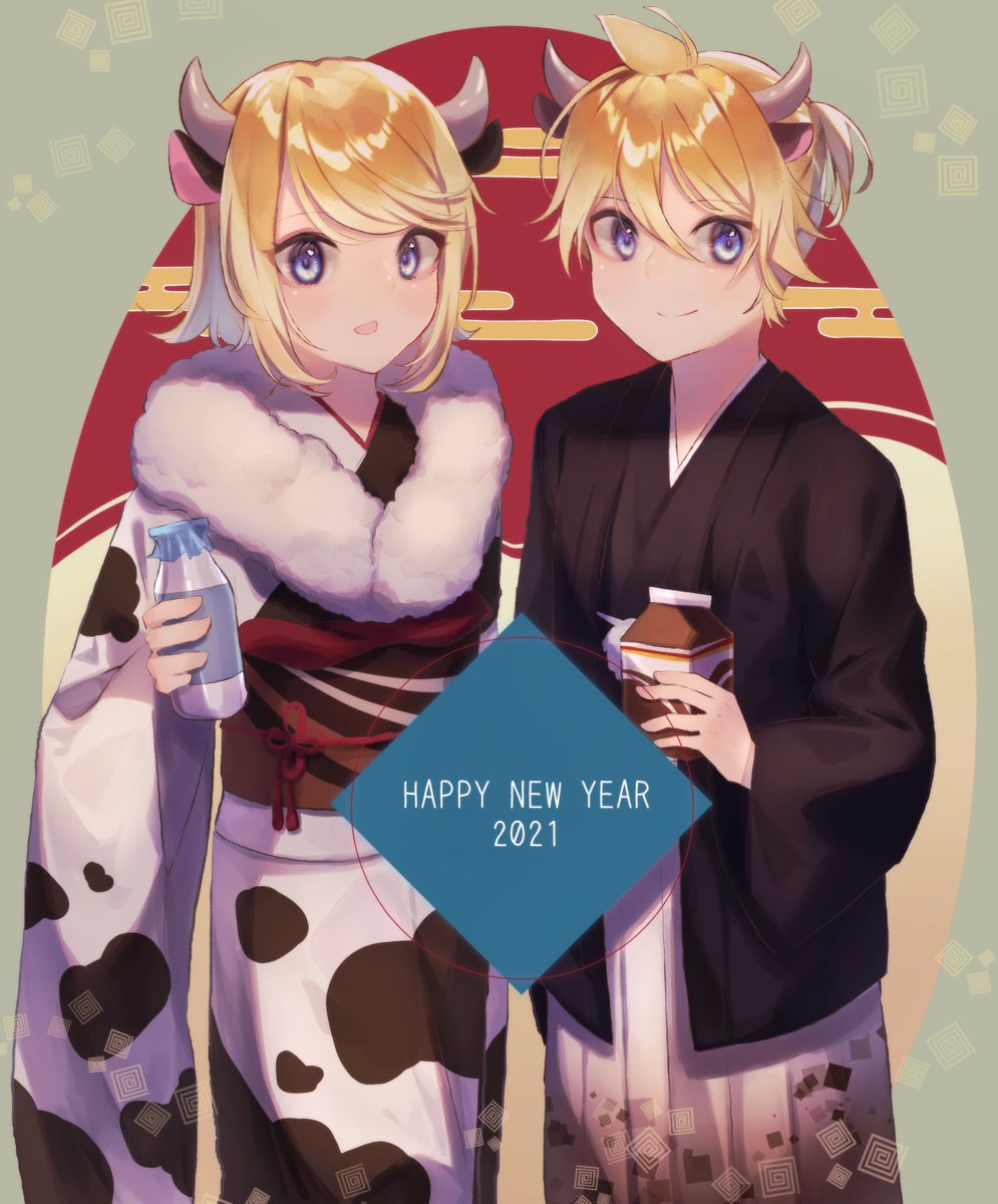 kagamine len ,kagamine rin 1girl japanese clothes 2021 1boy bottle blonde hair kimono  illustration images