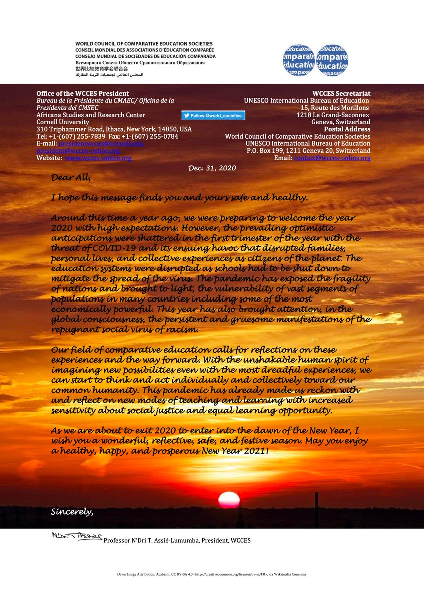New Year 2021 Greetings from WCCES President Professor N’Dri T. Assié-Lumumba