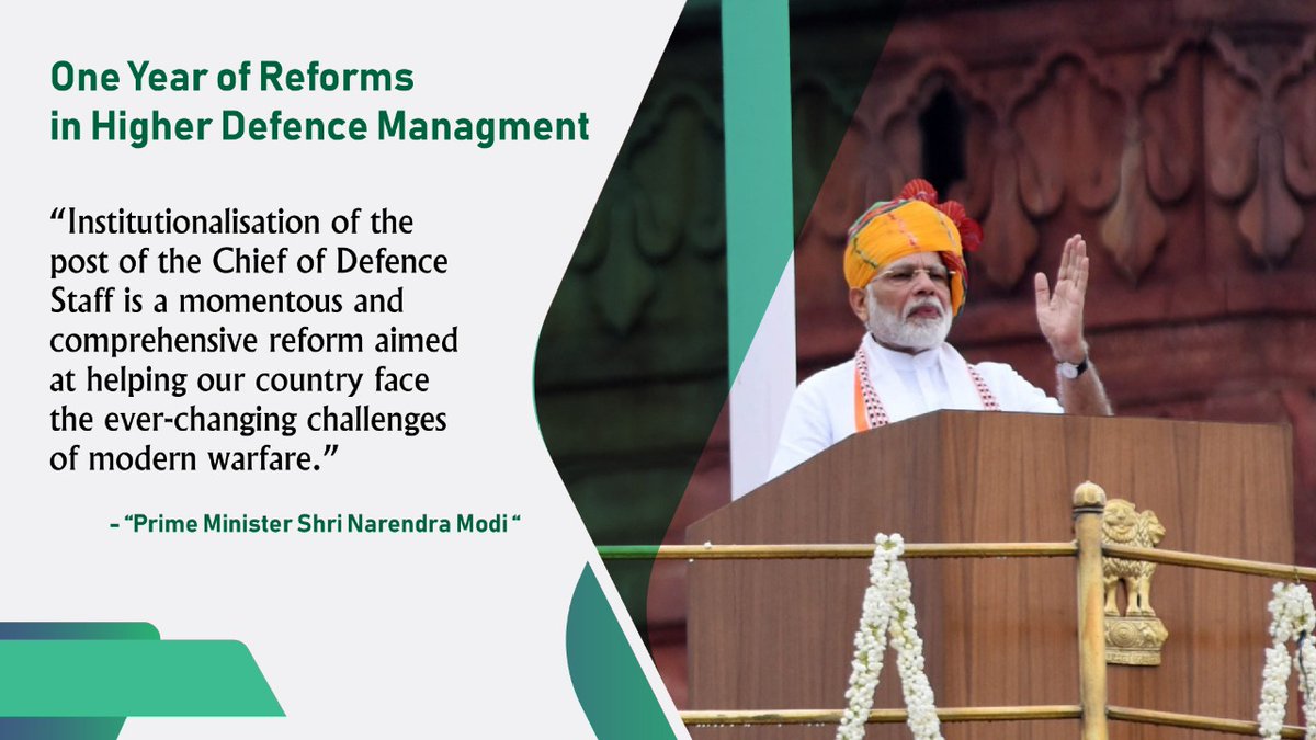 The post of CDS was created by the Government one year ago on this date.

The historic reform is aimed to bring the synergy in the Armed Forces.
#TriServiceSynergy.

@SpokespersonMoD @DefenceMinIndia @PMOIndia @HQ_IDS_India