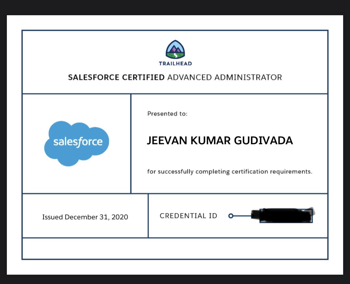 JGudivada's tweet image. 2020 Target achieved. Thank you @trailhead making it easy with all the preparation guide and the trailheads.
#Trailhead #advancedadmin #salesforcecertifiedadvancedadmin