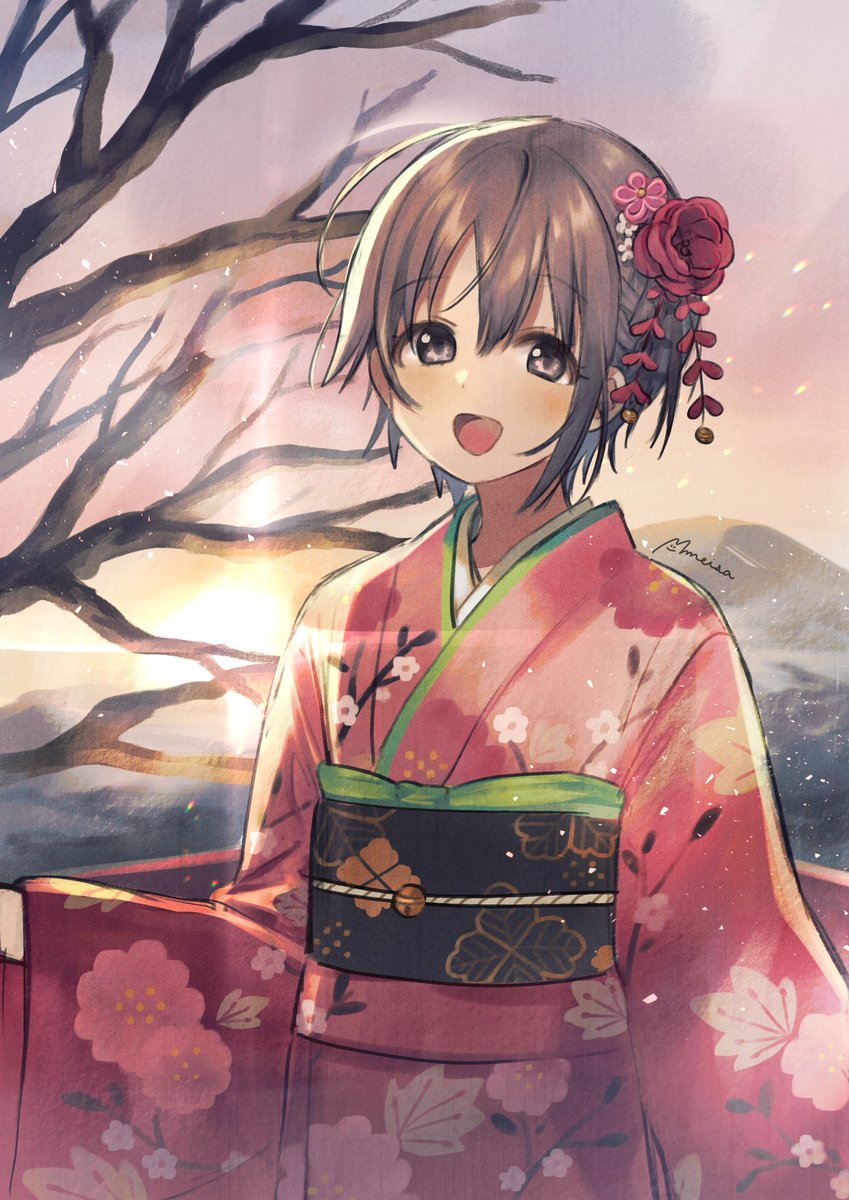 otokura yuuki 1girl japanese clothes kimono solo hair ornament hair flower short hair  illustration images