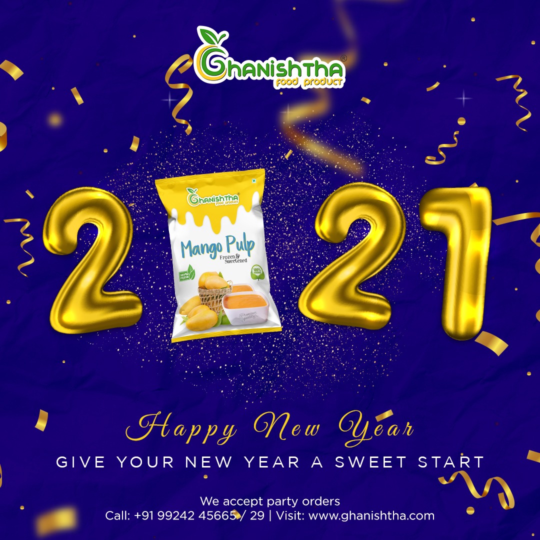 Give your new year a sweet start.

Enjoy our yummiest mango pulp while enjoying the New Year with your friends and family.

Team Ghanishtha wishes everyone a happy new year.
#NewYear #HappyNewYear #SafeNewYear #ghanishtha #Mango #pulp #Mangopulp #aamras #Kesar #Organic #Natural