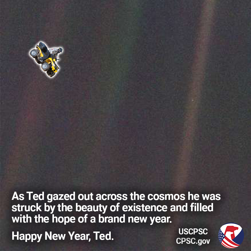 Ted on an ATV floating in outer space. The text reads: As ted gazed out across the cosmos he was struck by the beauty of existence and filled with the hope of a brand new year. happy new year, ted.
