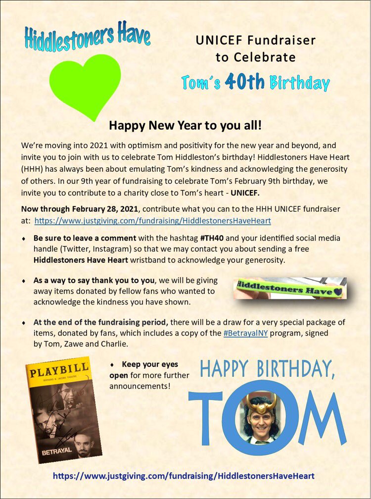 Hiddlestoners, "You Have Heart"  💚

And with it we invite you to join us in celebration to #TomHiddleston's upcoming birthday w/ our 9th #UNICEF fundraiser in his honour from now to Feb. 28th. #TH40

justgiving.com/fundraising/hi… 

💚Team HHH💚