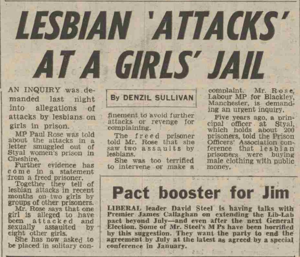 Daily Mirror, 1978-05-15"Lesbian 'attacks' at a Girl's JailAN INQUIRY was demanded last night into allegations of attacks by lesbians on girls in prison"