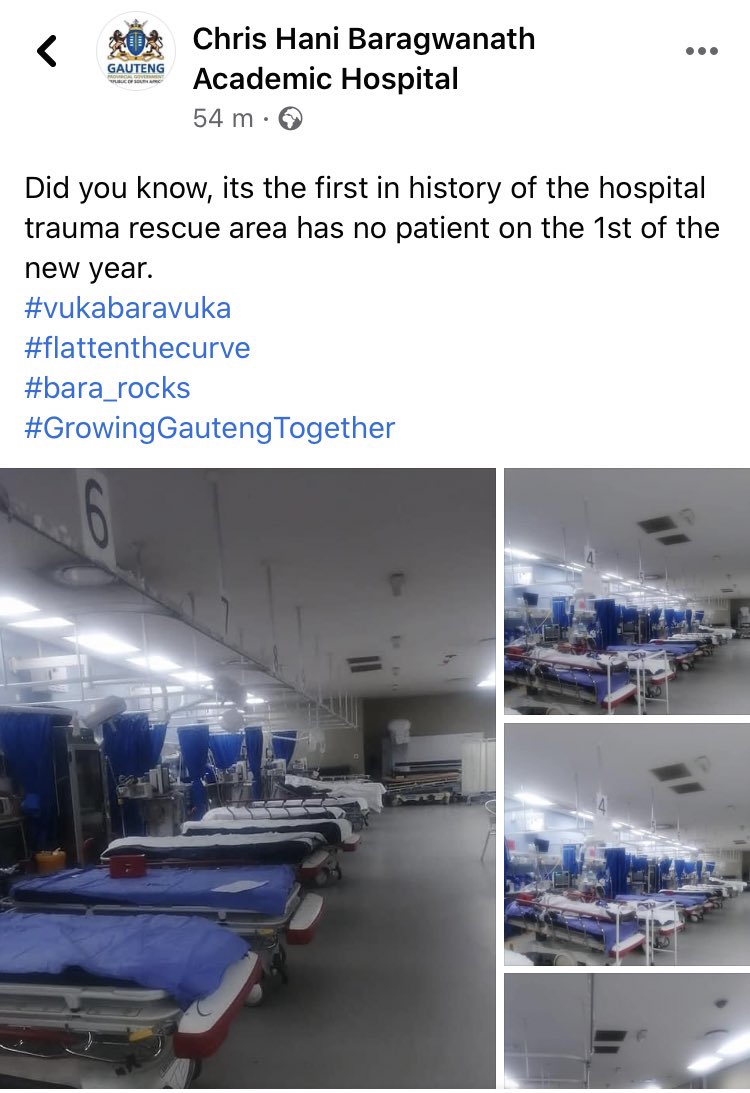 For the FIRST time in history, Chris Hani Baragwanath Hospital trauma rescue area that’s normally inundated with patients, had NO patients on the 1st of the new year.