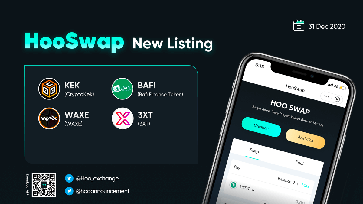 😍😍 $3XT (3XT), $WAXE(WAXE), $BAFI(Bafi Finance Token), $KEK(CryptoKek) Listed on HooSwap 
<a href="/kektoken/">KEK</a> <a href="/Bafifinancee/">BAFI AI FINANCE #SOL</a> <a href="/WAX_io/">WAX</a> <a href="/my3xt/">sponchbob</a> 
🔸Check it out: help.hoozh.com/hc/en-us/artic…
👉Trading Portal: hoo.com/hooswap/exchan…