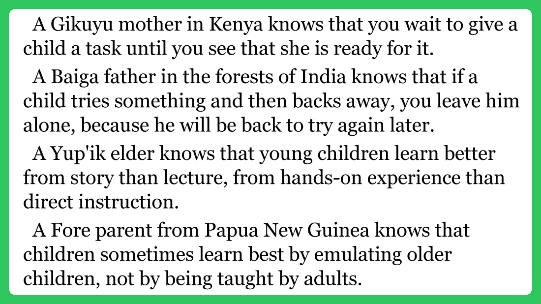 TrojanAid's tweet photo. Traditional societies knew a lot about how children learn.

Now -- after a quarter-century of advice from UN agencies and global NGOs -- most children attend schools that get it all wrong.

In this superb essay, Carol Black looks at how children learn. https://t.co/cebMggDSrr https://t.co/3F4qKdYk0e
