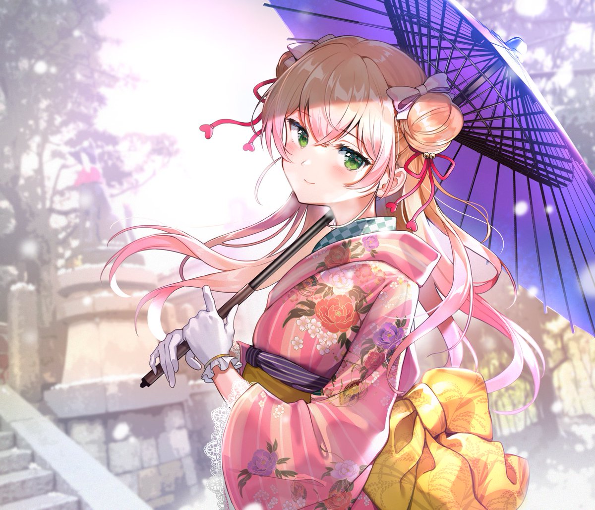 momosuzu nene 1girl japanese clothes umbrella kimono solo hair bun double bun  illustration images