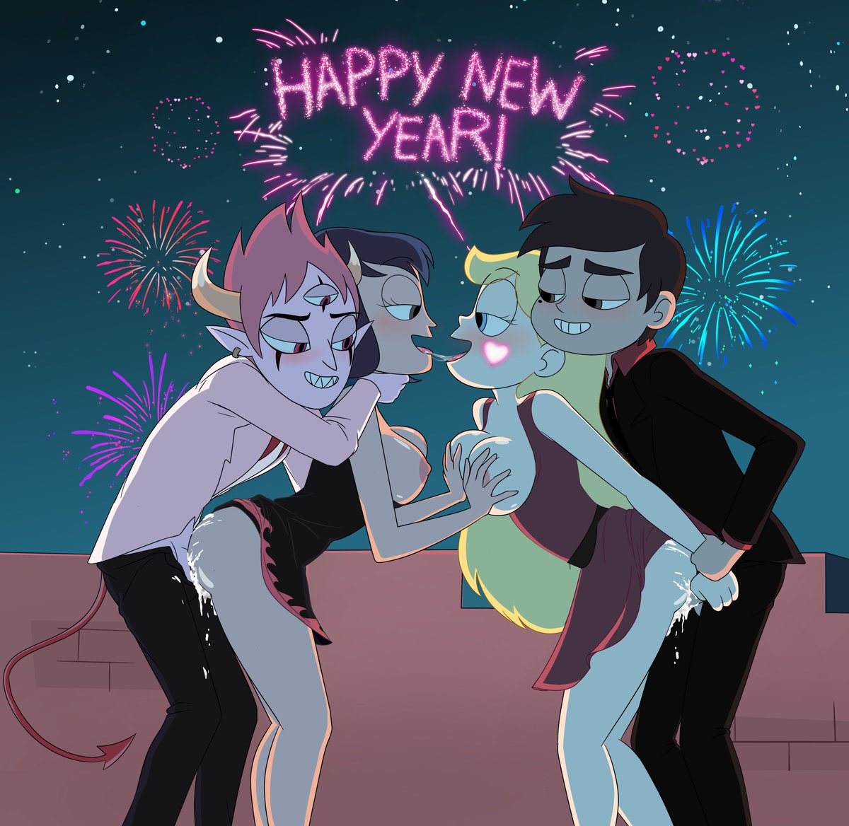 prs3240's tweet photo. Starco &amp; Jantom celebrating New Year's! 
Artwork by @SqueedlySketch.
Commission by BBRasStarco.
2020 was a ridiculous and horrible year for everyone. But I still wanted to end it off with my two favorite otps!
Here's to another year of lots of lewd commissions! 
✨🤩🎆 https://t.co/7GPm43piSQ