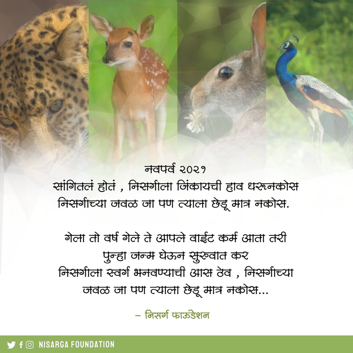NisargaFdn's tweet photo. या सरत्या वर्षात आपल्या कडून निसर्गाला काही इजा झाली असेल तर क्षमस्व करत. आपण आपली साथ@NisargaFdn सोबत देत पर्यावरण बचाव कार्यात मोलाचे कार्य घडवून घेऊया येणाऱ्या वर्ष्यात शक्य तितके निसर्गा जवळ जाण्याचा प्रयत्न करूया पण त्याला हानी होवू नये इतके भान असून आपण निसर्ग प्रेम जपुया https://t.co/2mmY8l14eq