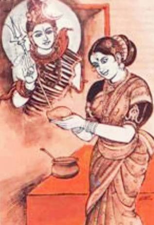 She prayed to lord Shiva. mango appeared in her hand.she gave it to husband.He found Mango was more tasty than first one.he realised it was not one he gave him.he asked her about truth. as dutiful wife she told truth.he can't believe it and as she prayed Mango appeared again.