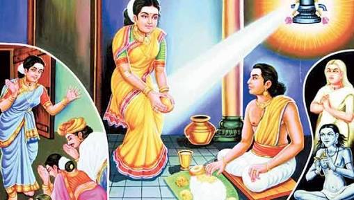 She prayed to lord Shiva. mango appeared in her hand.she gave it to husband.He found Mango was more tasty than first one.he realised it was not one he gave him.he asked her about truth. as dutiful wife she told truth.he can't believe it and as she prayed Mango appeared again.