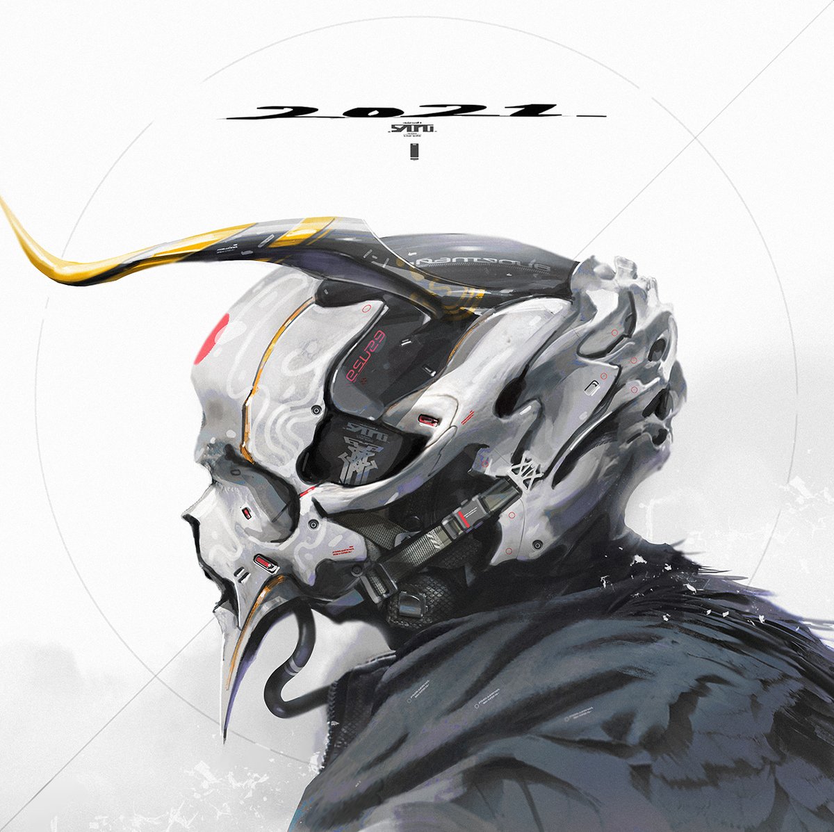 solo science fiction helmet robot from side horns no humans  illustration images