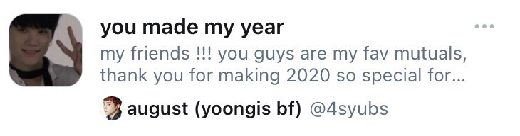 @4syubs I only just saw this, thank u n ilu and I hope 2021 is endlessly good to u! u made 2020 special for me too so thank u ;;; 💖